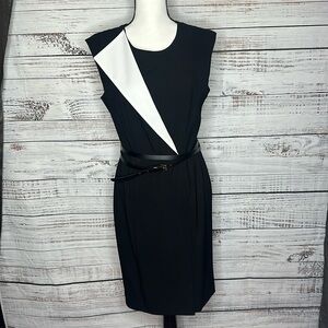 Calvin Klein Black and White Sleek Dress with Belt Size 6 NWT